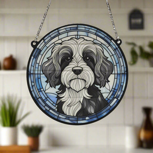 Cavapoo Black & White Stained Glass Effect Suncatcher
